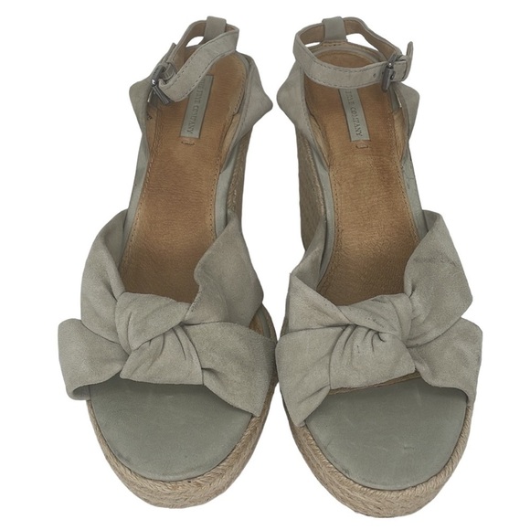 FRYE SANDALS Wedge Heel Shoes Ankle Strap Bow Tan Sage Leather Size 10 - Picture 1 of 13